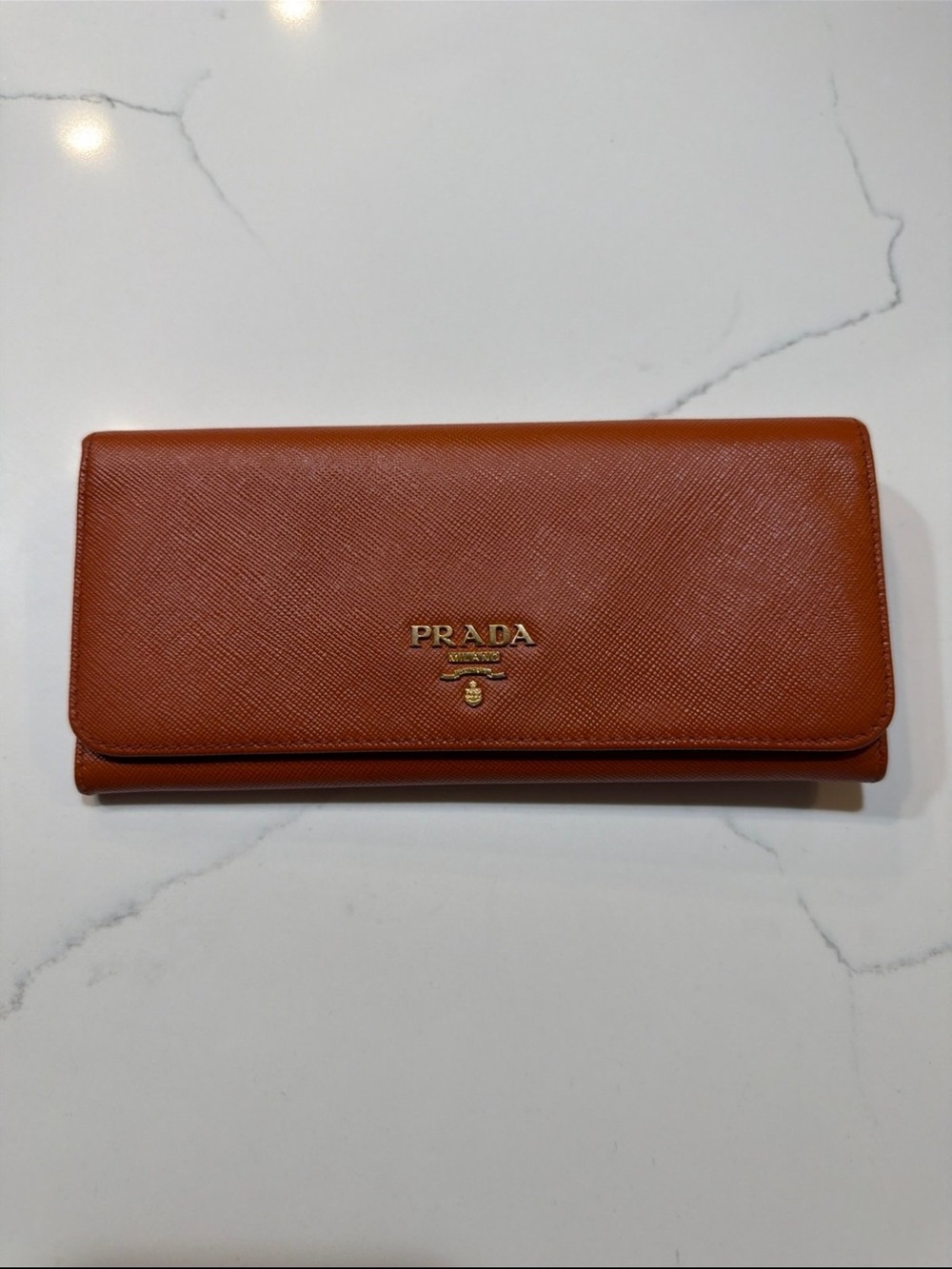 Authentic Prada Saffiano Leather Long Wallet - Rust Brown with Gold Hardware